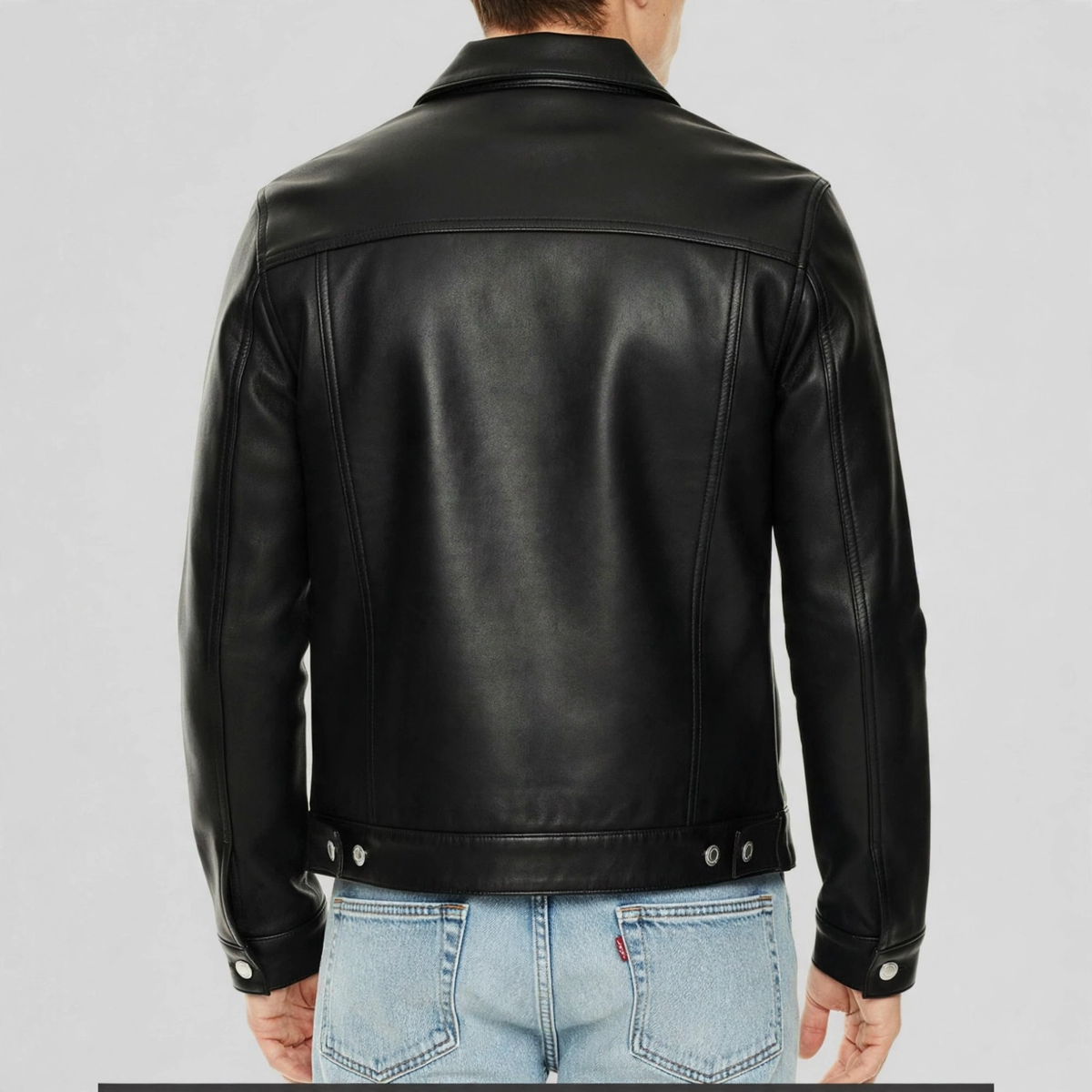 Black lamb leather trucker jacket, back view