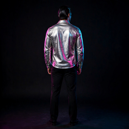 Man wearing silver metallic lamb leather shirt, back studio view, dark background with neon rim light