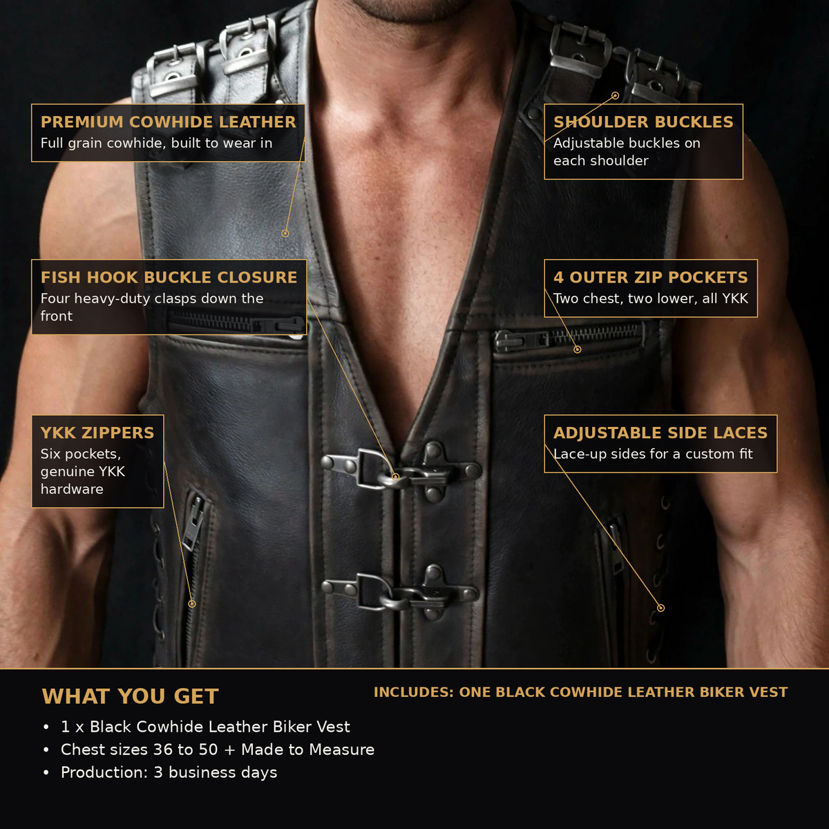 Fish hook biker vest infographic with feature callouts, sizes and Made to Measure details