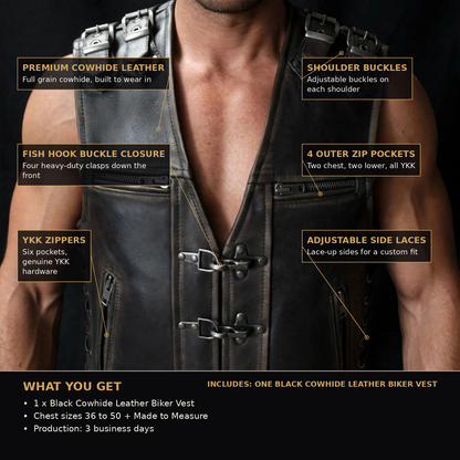 Fish hook biker vest infographic with feature callouts, sizes and Made to Measure details