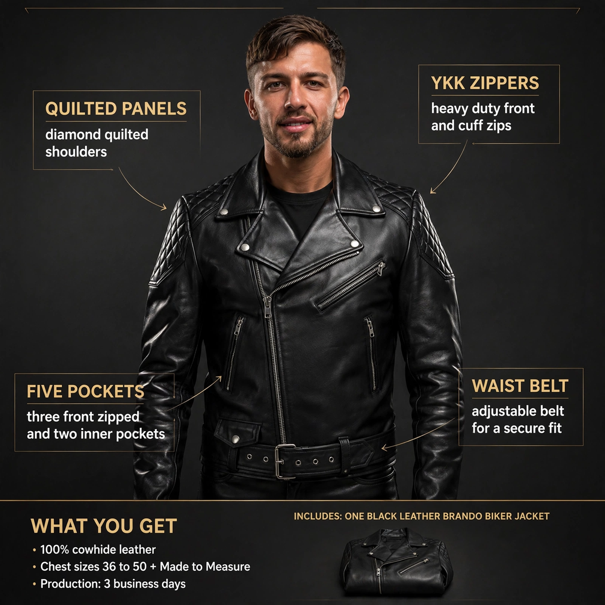 Cowhide Brando biker jacket infographic with feature callouts, sizes and Made to Measure details