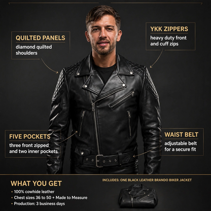 Cowhide Brando biker jacket infographic with feature callouts, sizes and Made to Measure details