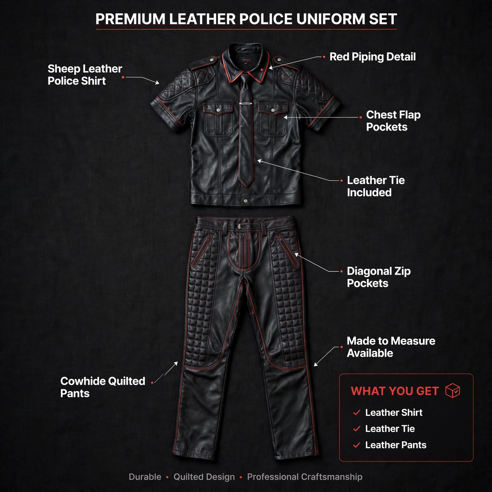 Leather suit tie set infographic with feature callouts, sizes and Made to Measure details