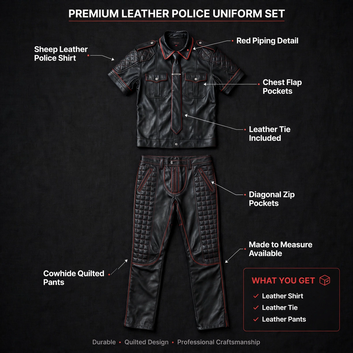 Leather suit tie set infographic with feature callouts, sizes and Made to Measure details