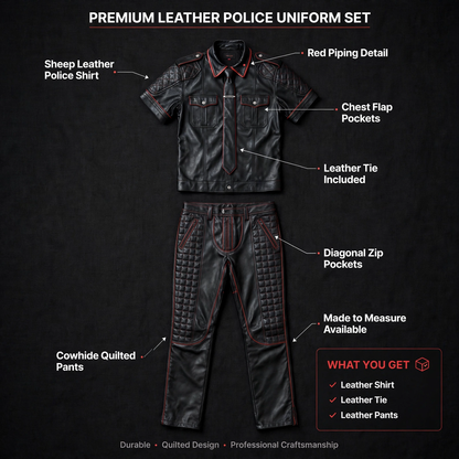 Leather suit tie set infographic with feature callouts, sizes and Made to Measure details