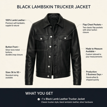 Leather trucker jacket infographic with feature callouts, sizes and Made to Measure details