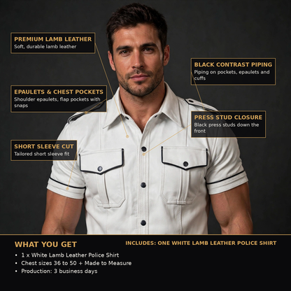 White police shirt infographic, model worn; black piping, epaulets, press studs, what you get