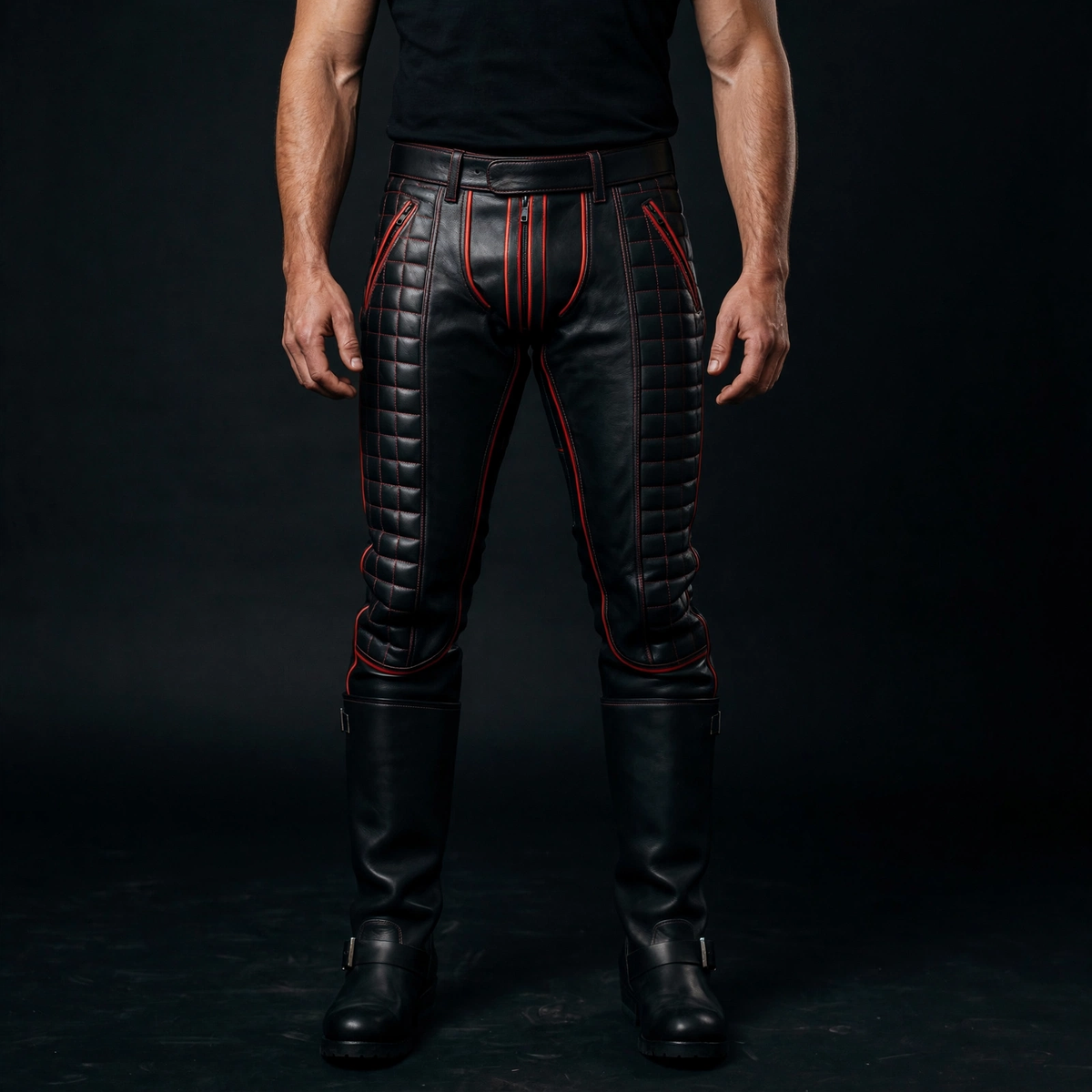 Black leather suit tie set, quilted pants close view