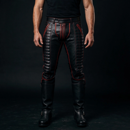 Black leather suit tie set, quilted pants close view