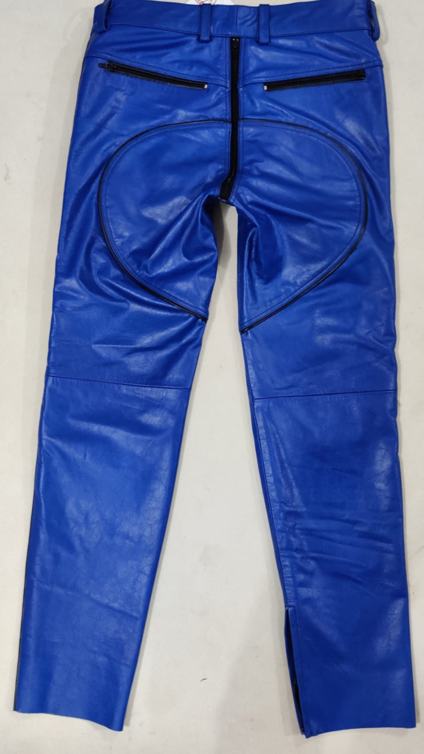 Men's Cowhide Leather Biker Pants with Quilted Panels and Piping