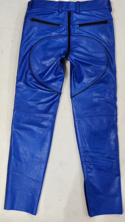 Men's Cowhide Leather Biker Pants with Quilted Panels and Piping