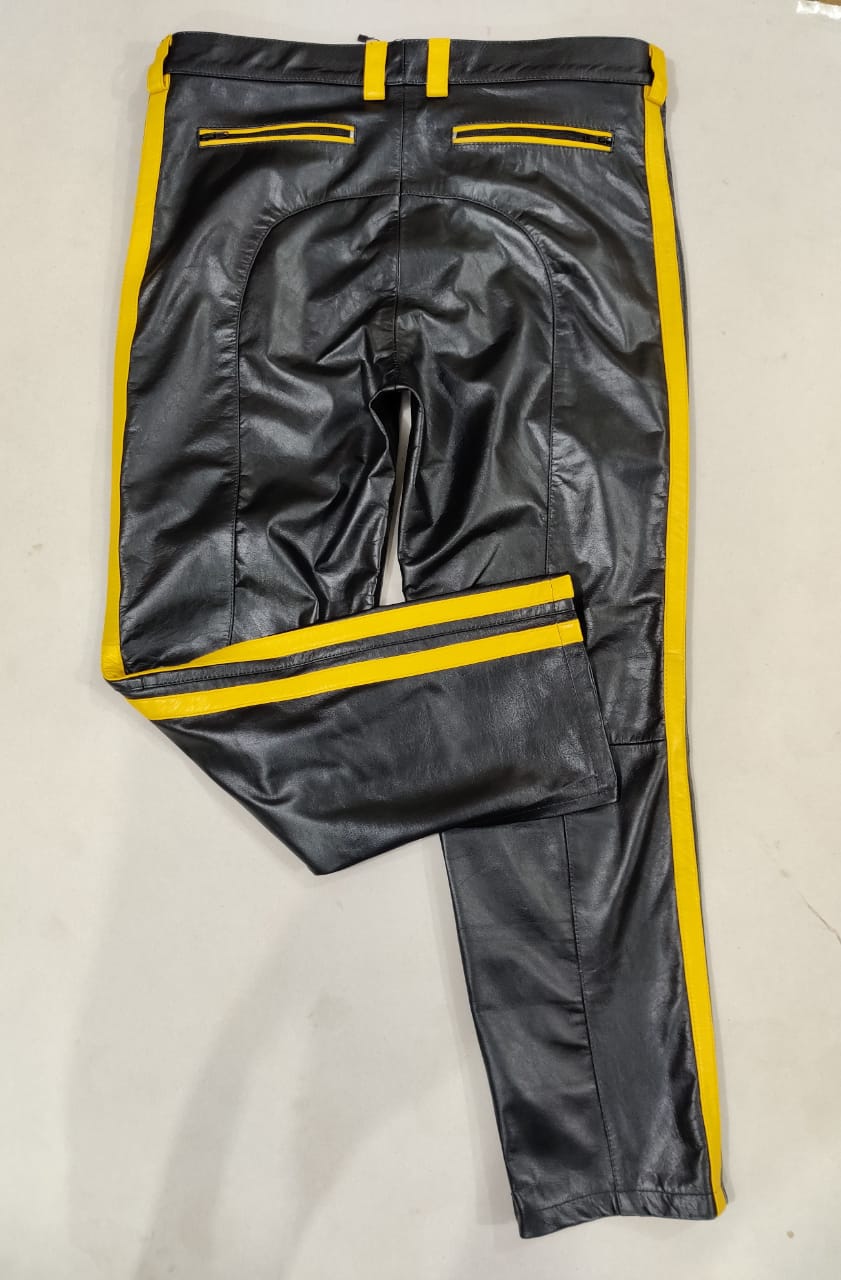 Men's Cowhide Leather Biker Pants with Colored Stripes & Piping