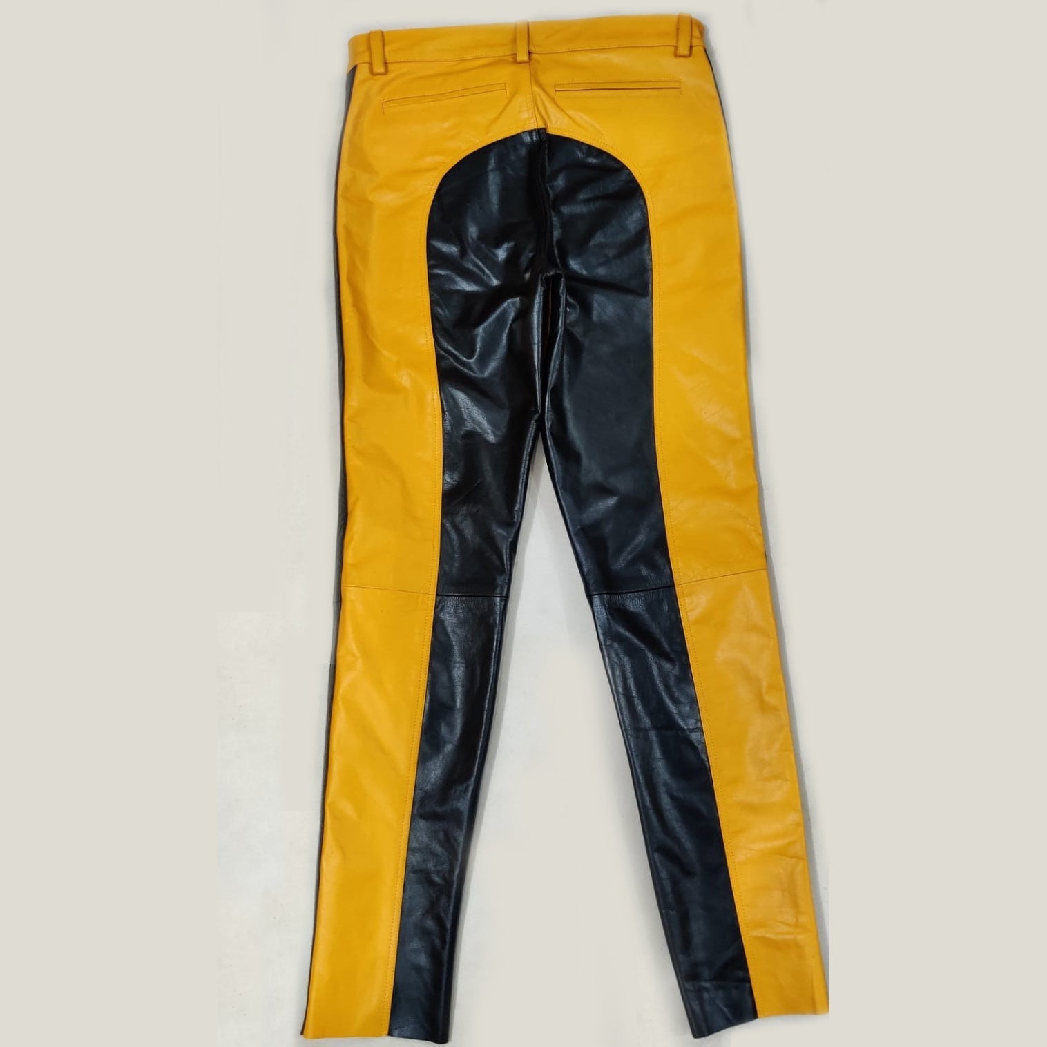 Men’s Yellow Leather Biker Pants – Black Panel Design, Cowhide Leather
