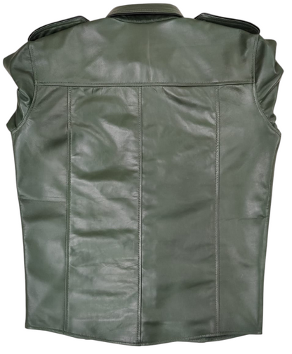 Men's Lamb Leather Police Shirt with Tie – Green with Black Piping