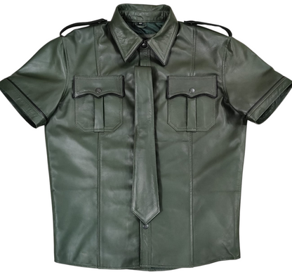 Men's Lamb Leather Police Shirt with Tie – Green with Black Piping