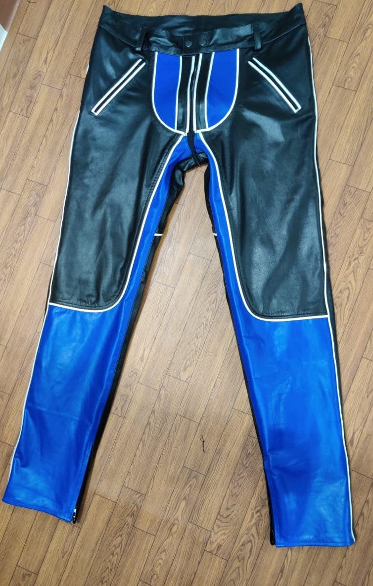 Men's Cowhide Leather BLUF Biker Pants with Blue Panels & White Piping
