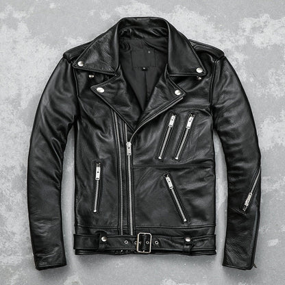 Men’s Classic Brando Leather Biker Jacket – Studded Lapels & Zip Cuffs