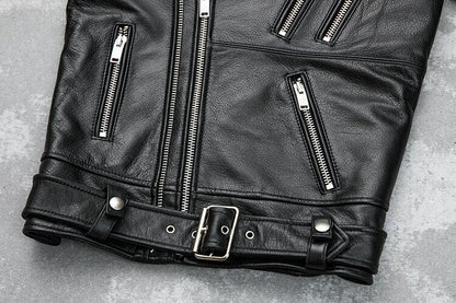 Men’s Classic Brando Leather Biker Jacket – Studded Lapels & Zip Cuffs
