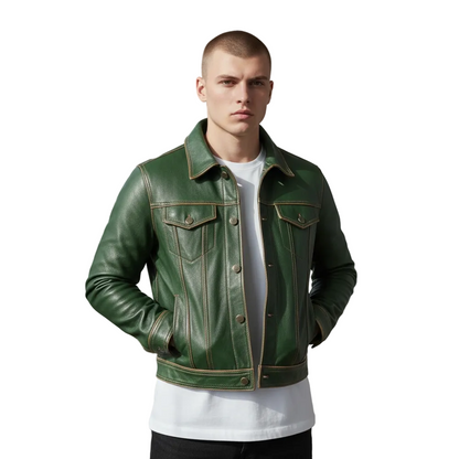 Men’s Green Cow Leather Trucker Jacket - Contrast Stitch  Levi's Style