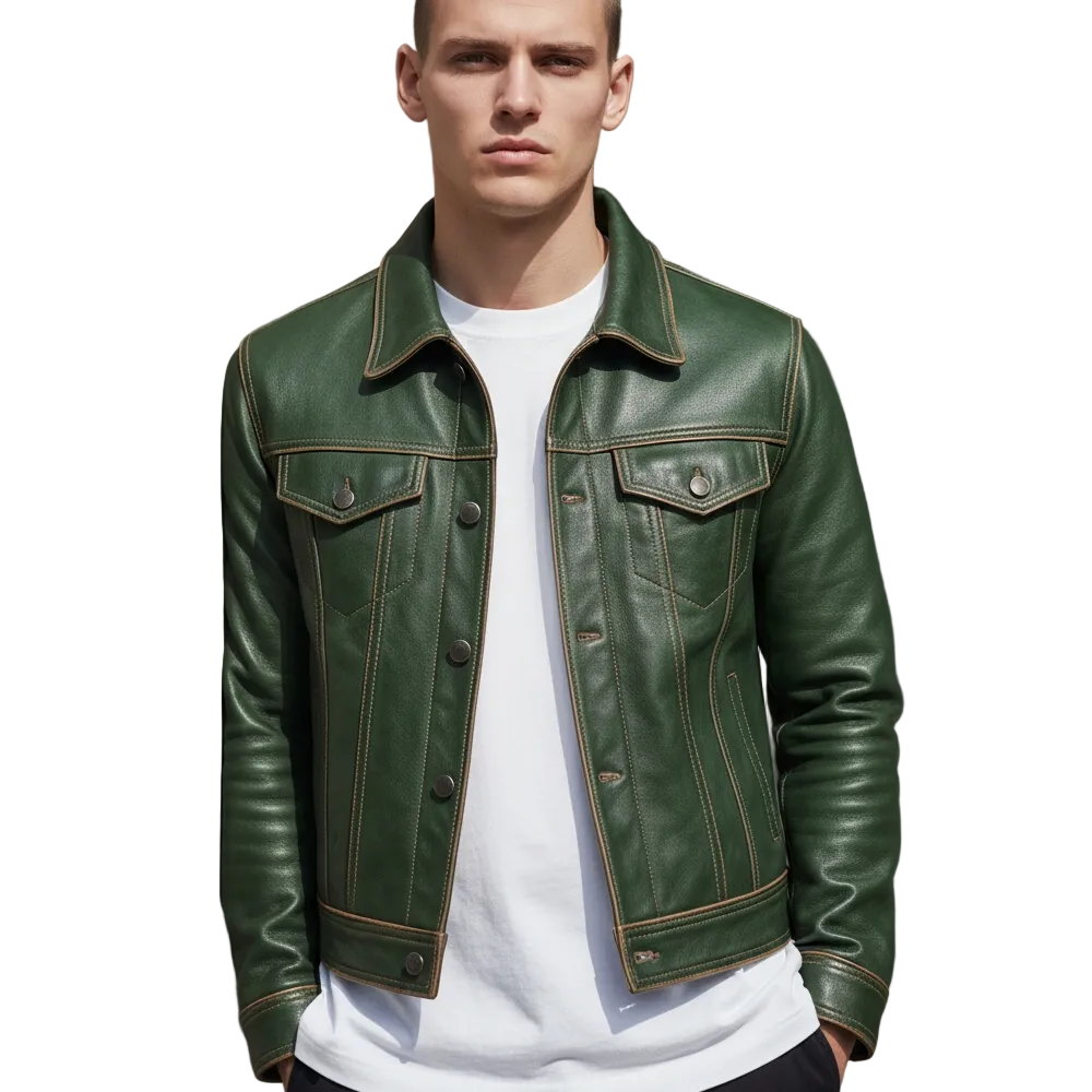 Men’s Green Cow Leather Trucker Jacket - Contrast Stitch  Levi's Style