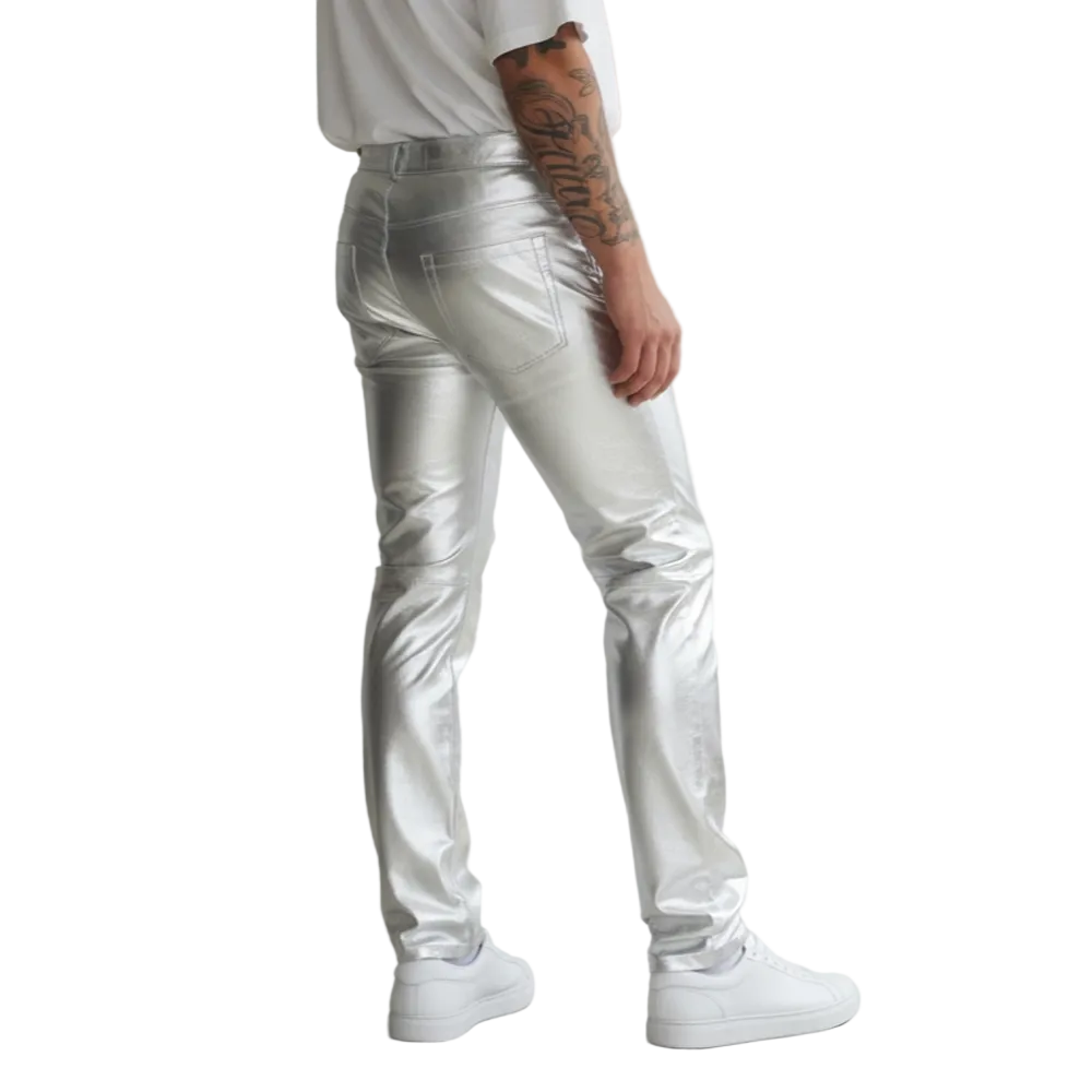 Men’s Shiny Metallic Silver Lamb Leather Slim Fit Pants