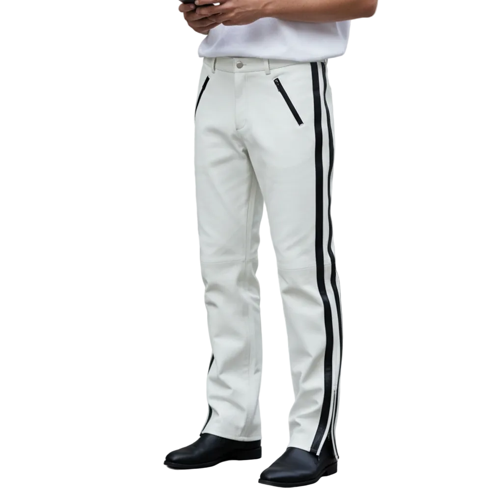 White pants with black stripes worn by a person on a white background