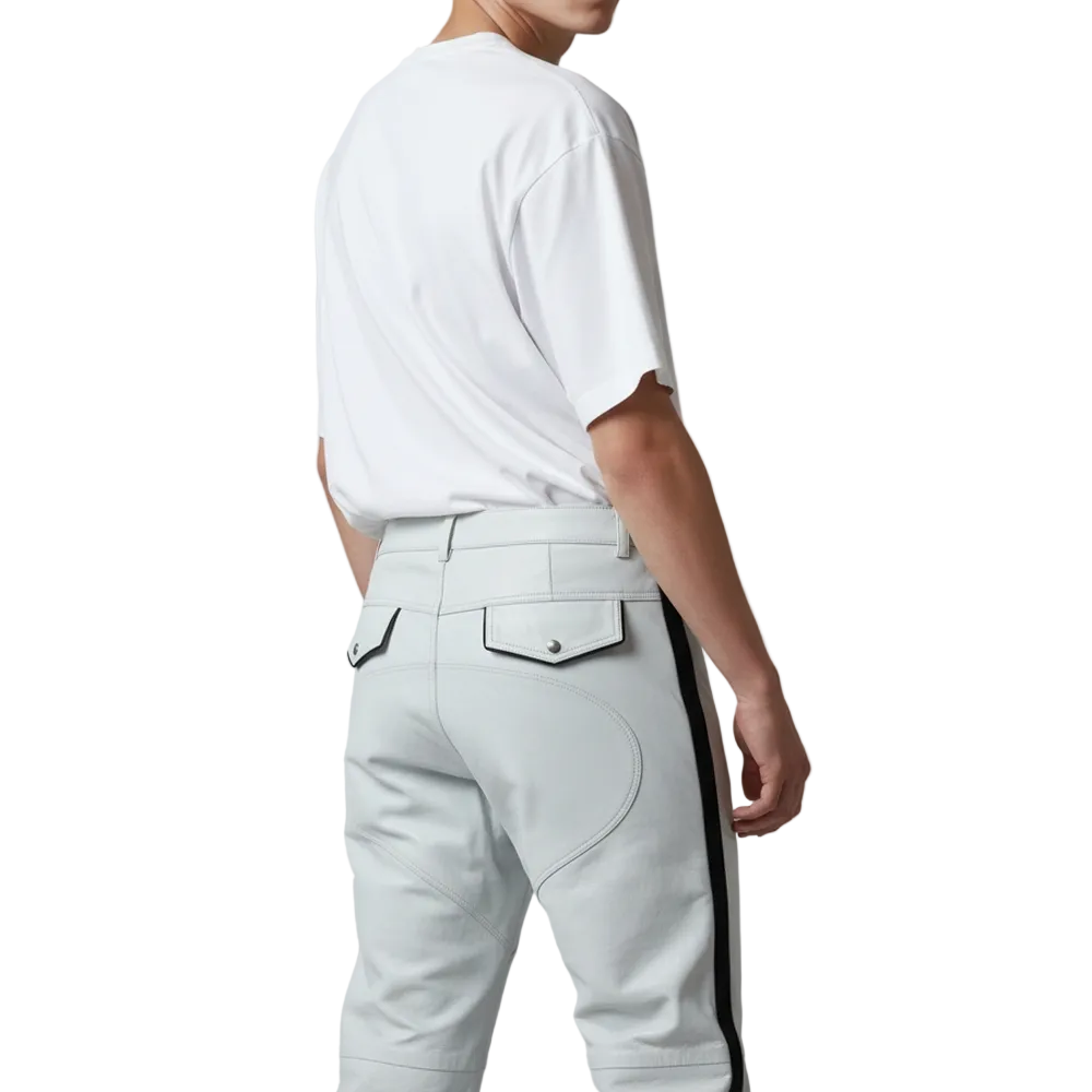 Men’s White Leather Biker Pants with Black Side Stripes