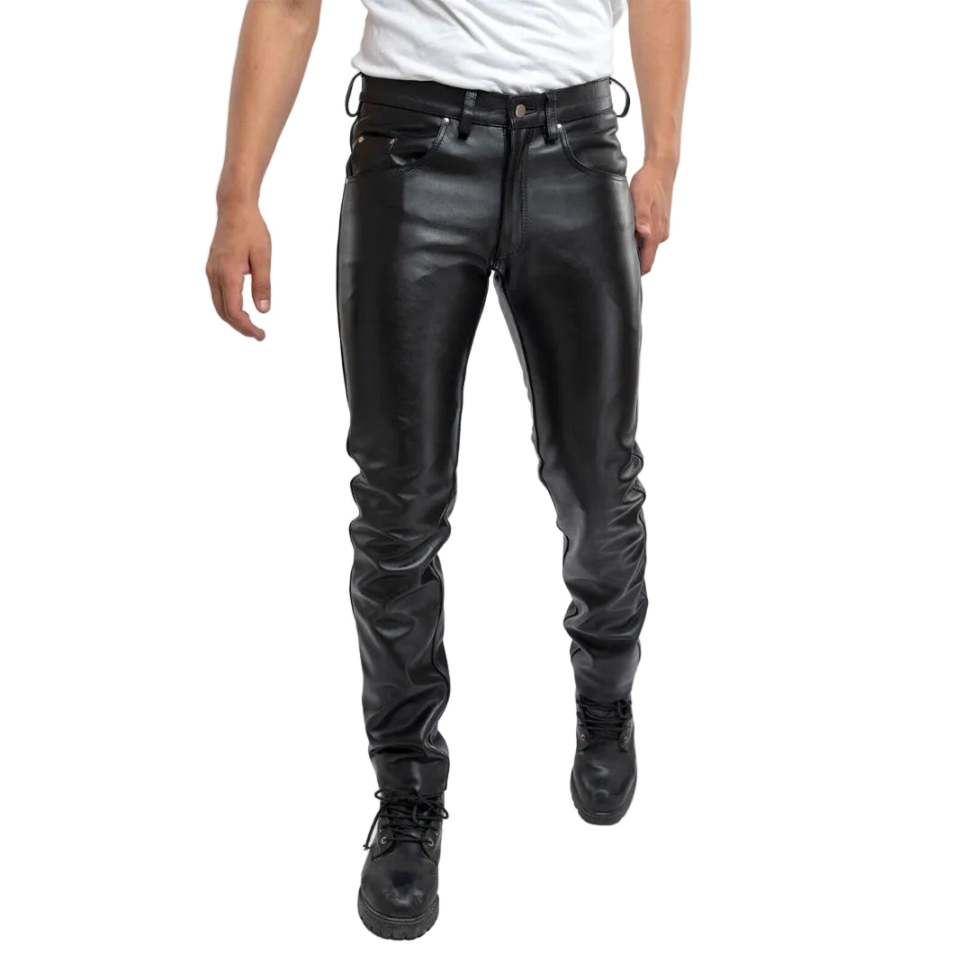 Men’s Cowhide Leather Biker Pants – 501 Style Motorcycle Jeans