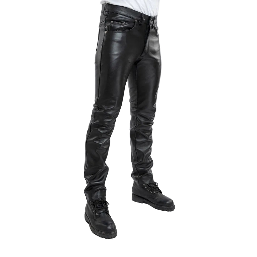 Men’s Cowhide Leather Biker Pants – 501 Style Motorcycle Jeans