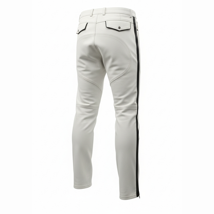 Men’s White Leather Biker Pants with Black Side Stripes