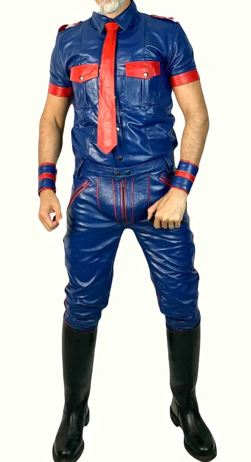 Complete Leather Uniform Set with Red Piping – Pants, Police Shirt, Tie & Wrist Bands