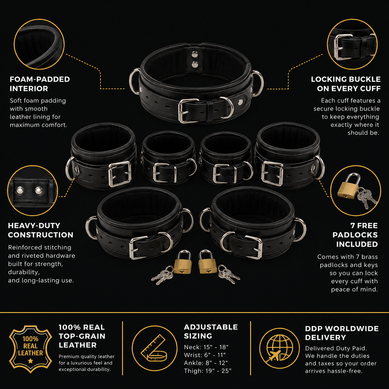 7 piece leather restraint set infographic base image showing padded collar and cuffs on dark background