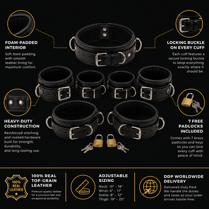 7 piece leather restraint set infographic base image showing padded collar and cuffs on dark background