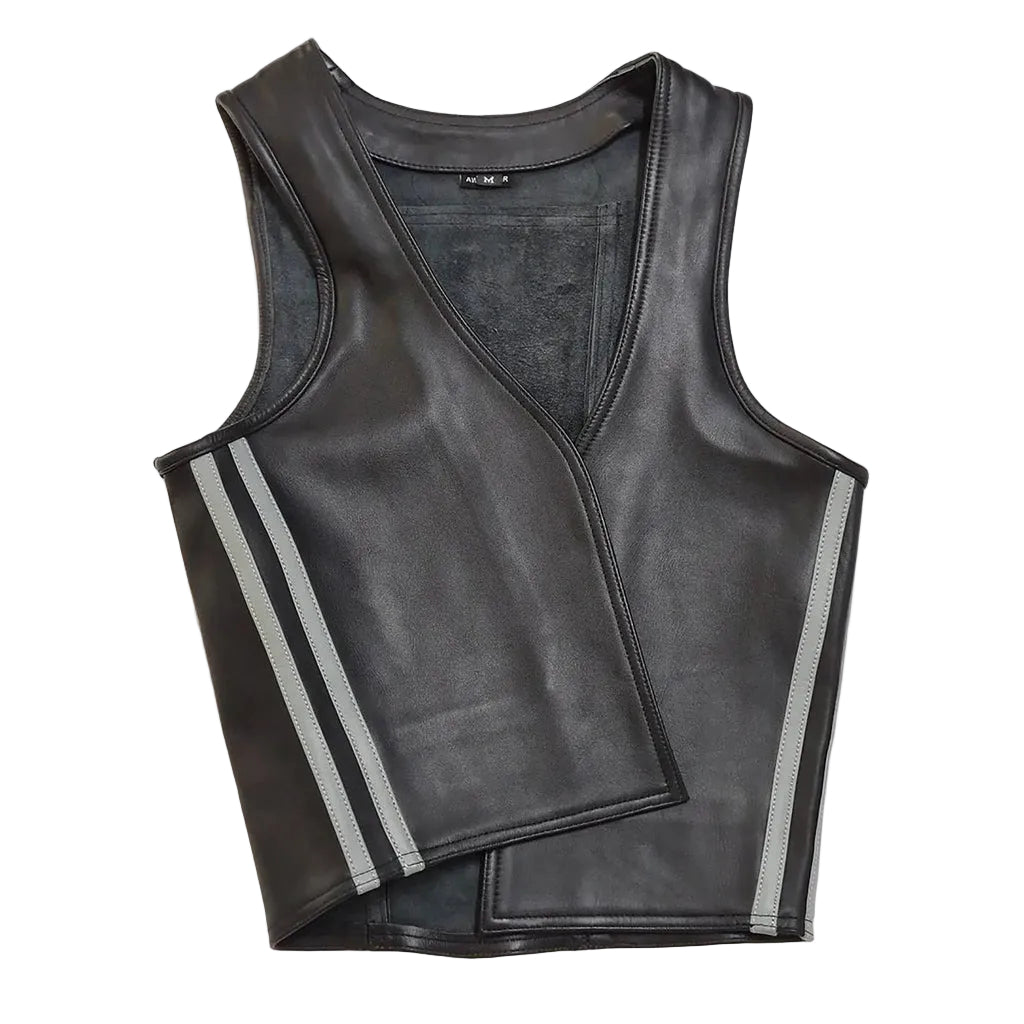 Men's Real Cowhide Leather Bartender Vest with Side Stripes – Front Open Design