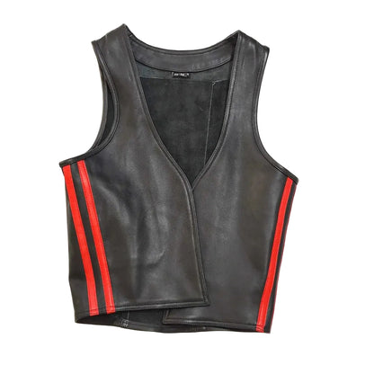Men's Real Cowhide Leather Bartender Vest with Side Stripes – Front Open Design