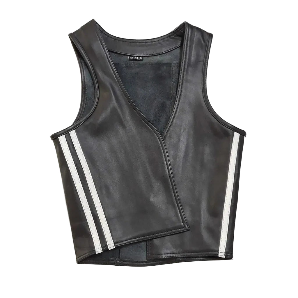 Men's Real Cowhide Leather Bartender Vest with Side Stripes – Front Open Design