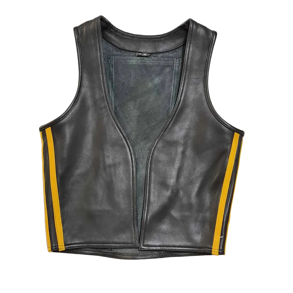 Men's Real Cowhide Leather Bartender Vest with Side Stripes – Front Open Design