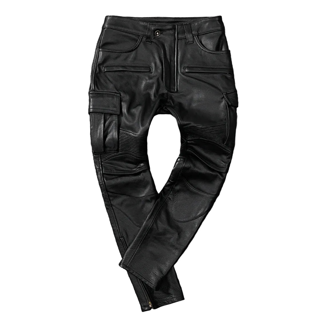 Men's Real Cowhide Leather Cargo Biker Pants with Zipper Pockets