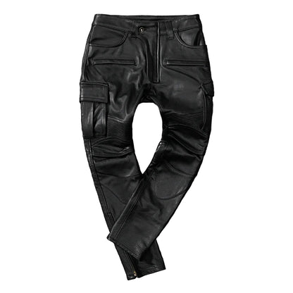 Men's Real Cowhide Leather Cargo Biker Pants with Zipper Pockets