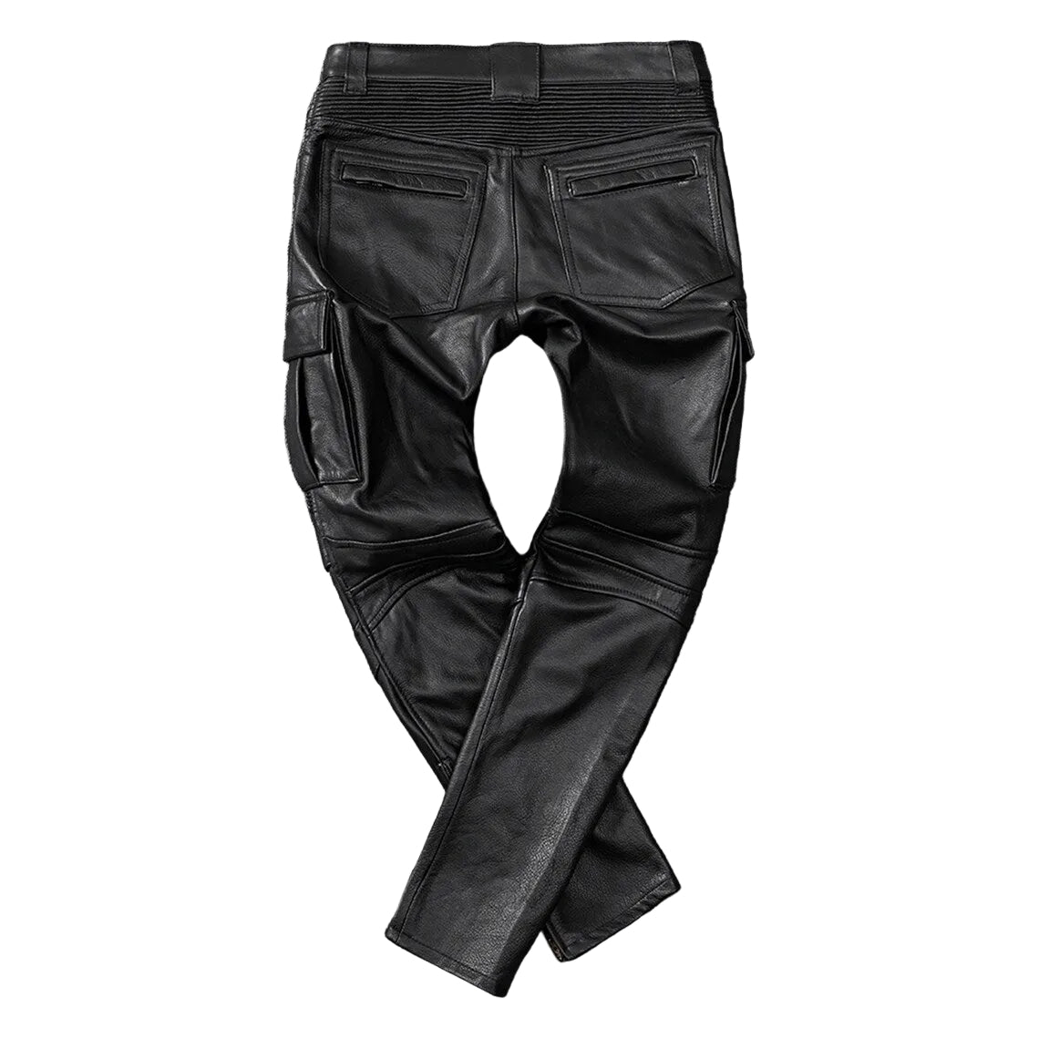 Men's Real Cowhide Leather Cargo Biker Pants with Zipper Pockets