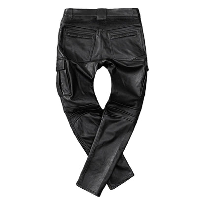 Men's Real Cowhide Leather Cargo Biker Pants with Zipper Pockets
