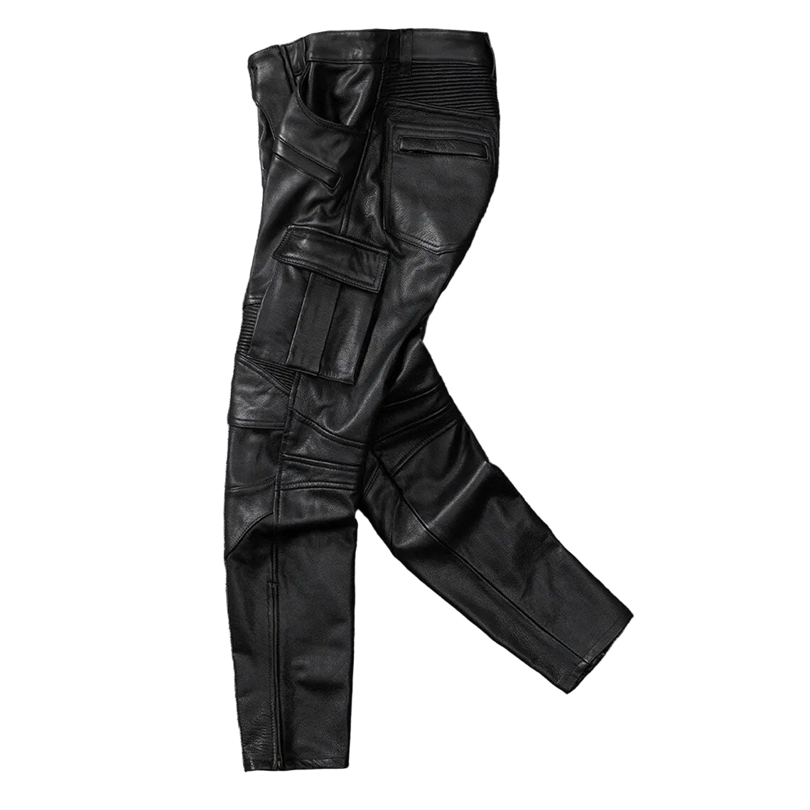 Men's Real Cowhide Leather Cargo Biker Pants with Zipper Pockets