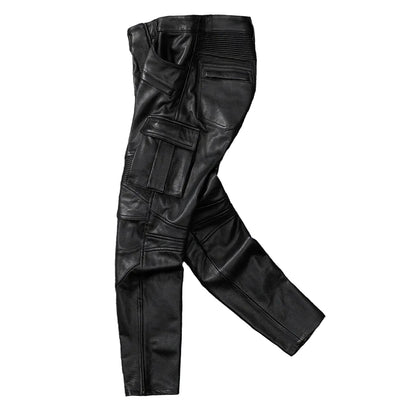 Men's Real Cowhide Leather Cargo Biker Pants with Zipper Pockets