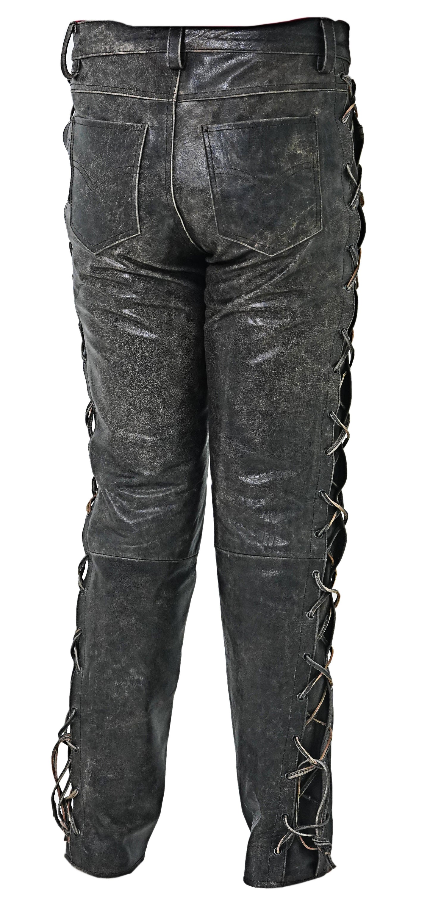 Men's Distressed Cowhide Leather Lace-Up Biker Pants