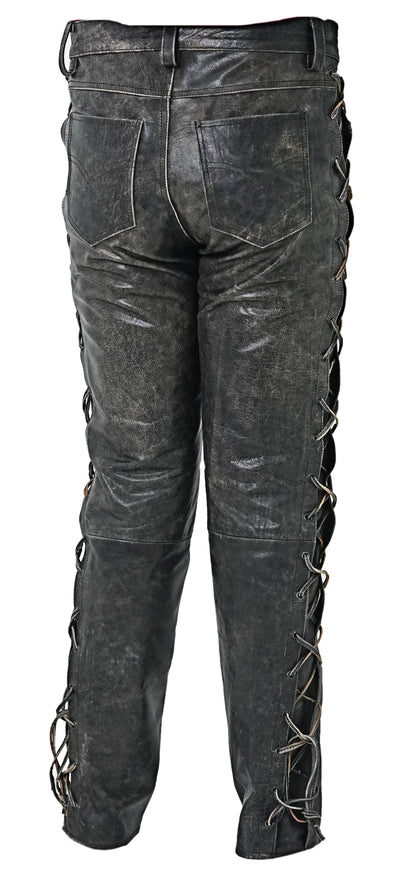 Men's Distressed Cowhide Leather Lace-Up Biker Pants