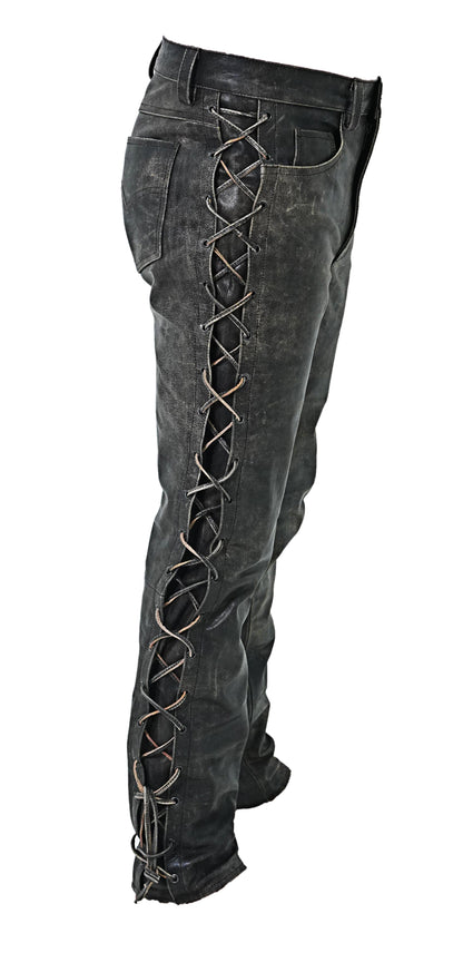Men's Distressed Cowhide Leather Lace-Up Biker Pants