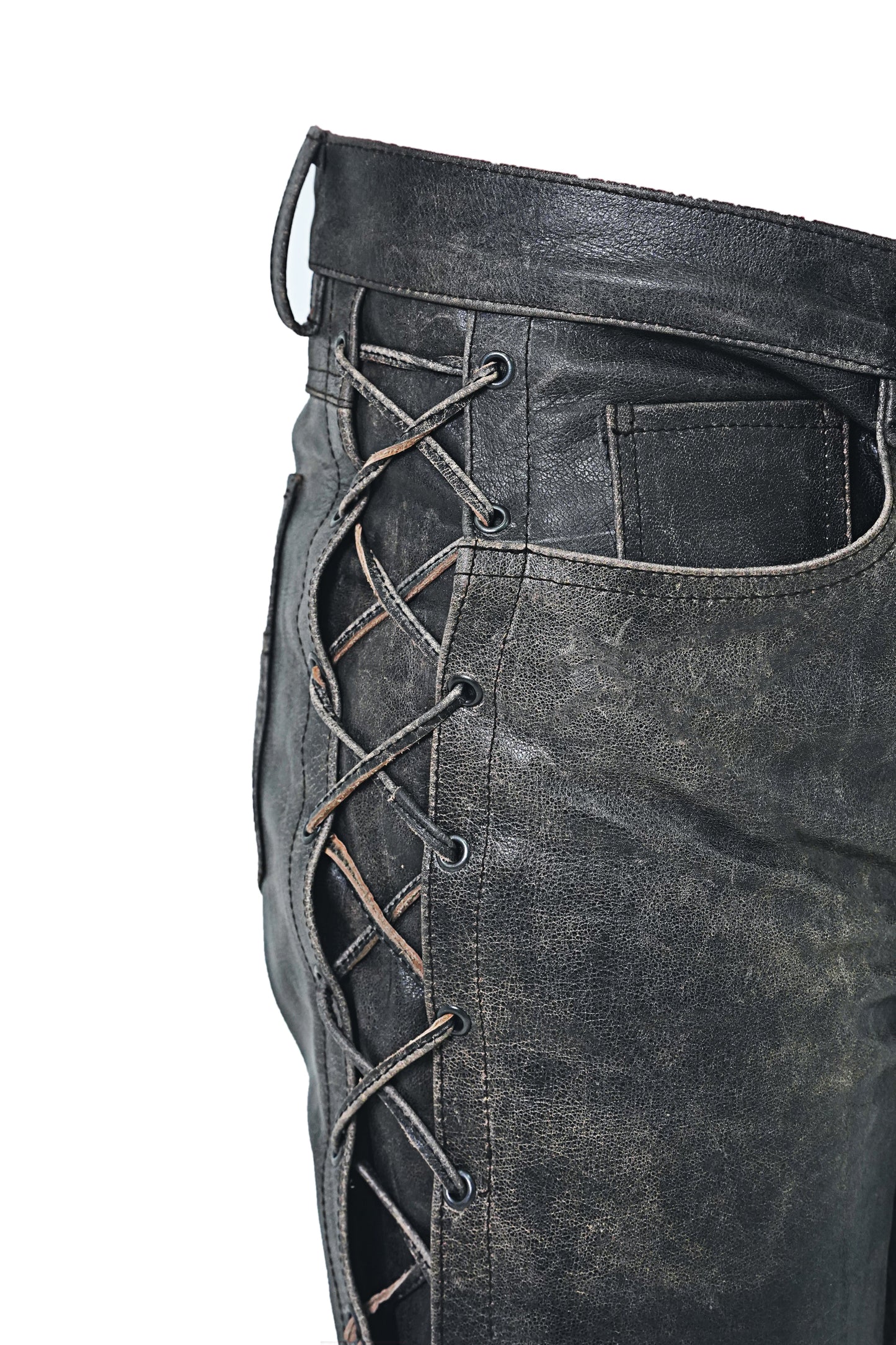 Men's Distressed Cowhide Leather Lace-Up Biker Pants