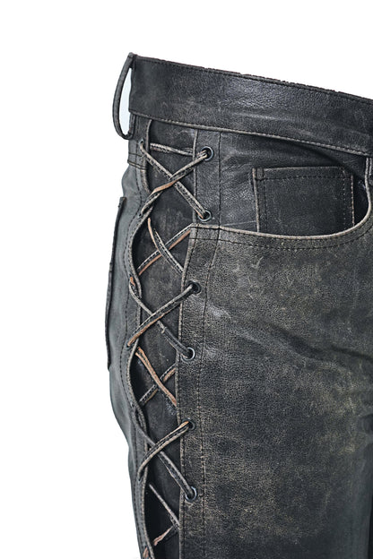Men's Distressed Cowhide Leather Lace-Up Biker Pants