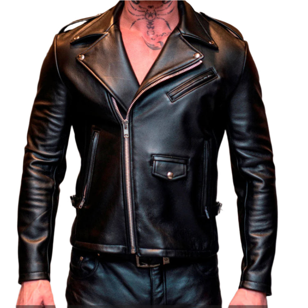 Men’s Genuine Cowhide Leather Bikers Jacket – Black Leather Brando Jacket