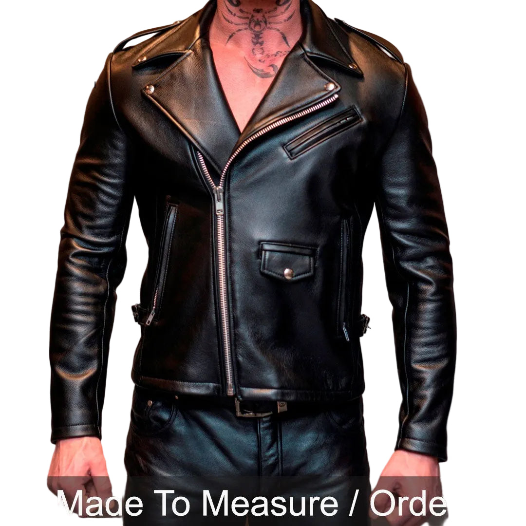 Men’s Genuine Cowhide Leather Biker Jacket – Classic Black Brando Style